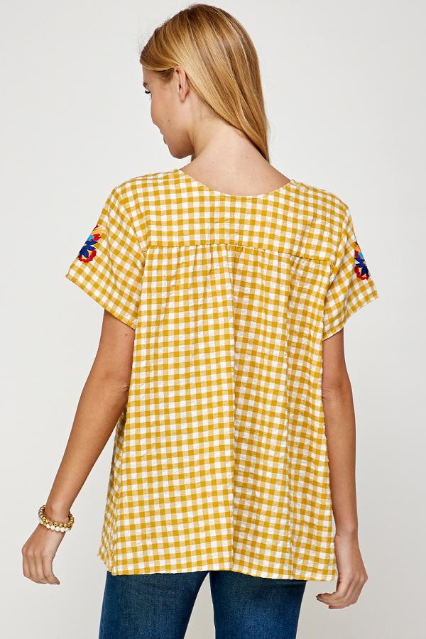 Yellow & White Check Top w/ Embroidery/