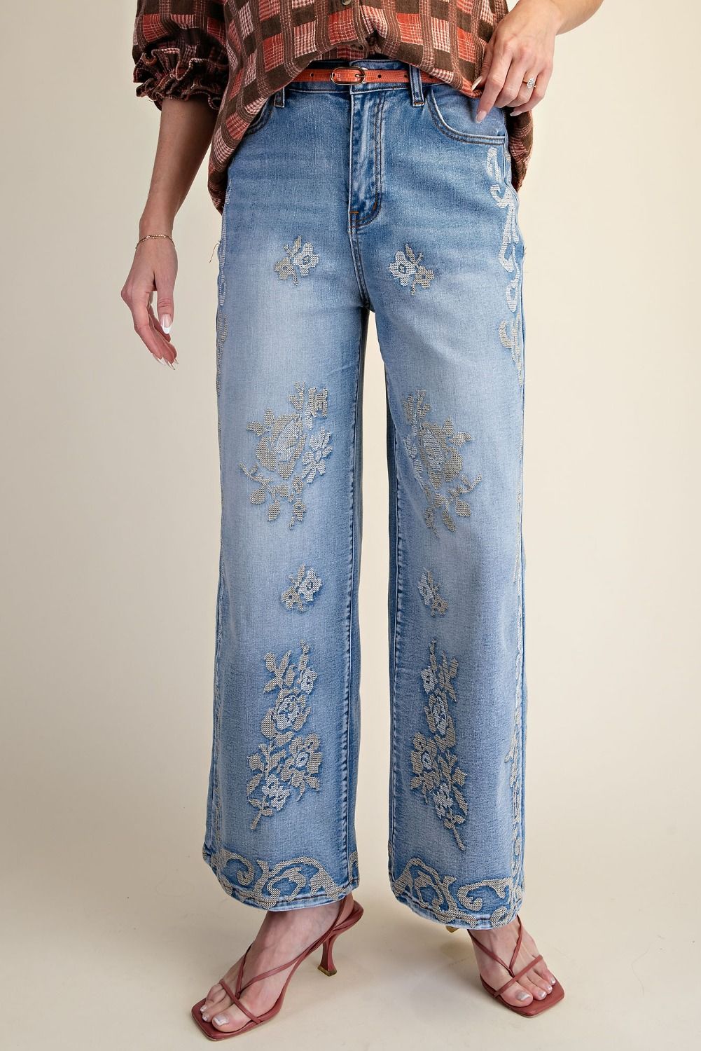 Neutral Floral Embroidered Wide Leg Jeans