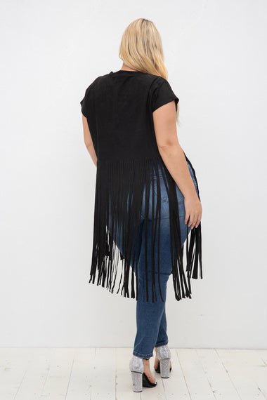 Black Faux Suede Short Sleeve Fringed Top