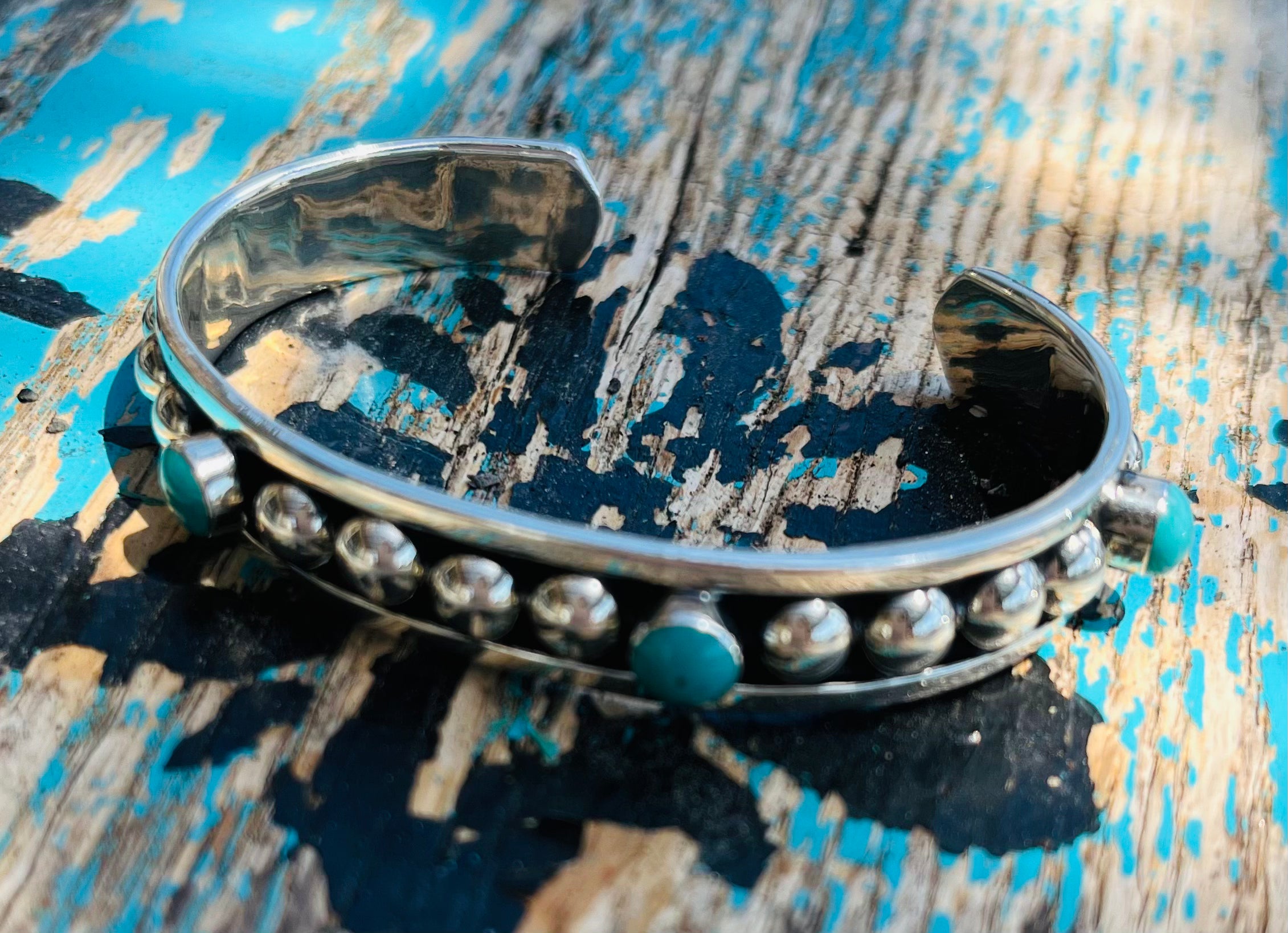 Narrow Sterling Silver Cuff Bracelet w/ All Over Turquoise Stones
