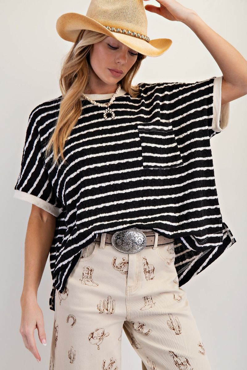 Black w/ Cream Textured Stripe Knit Tee