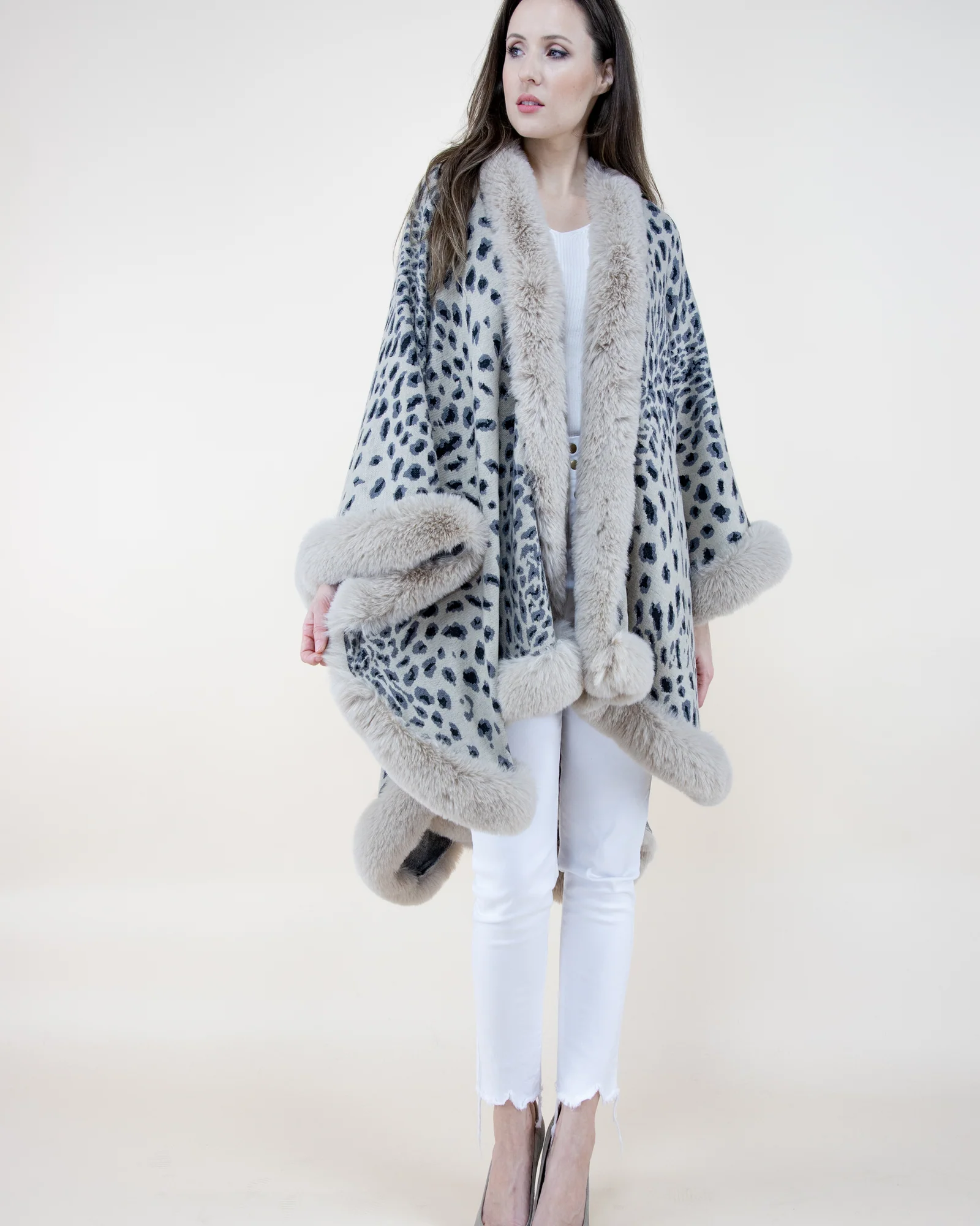 Winter White w/ Black Cheetah Shawl w/ Faux Fur