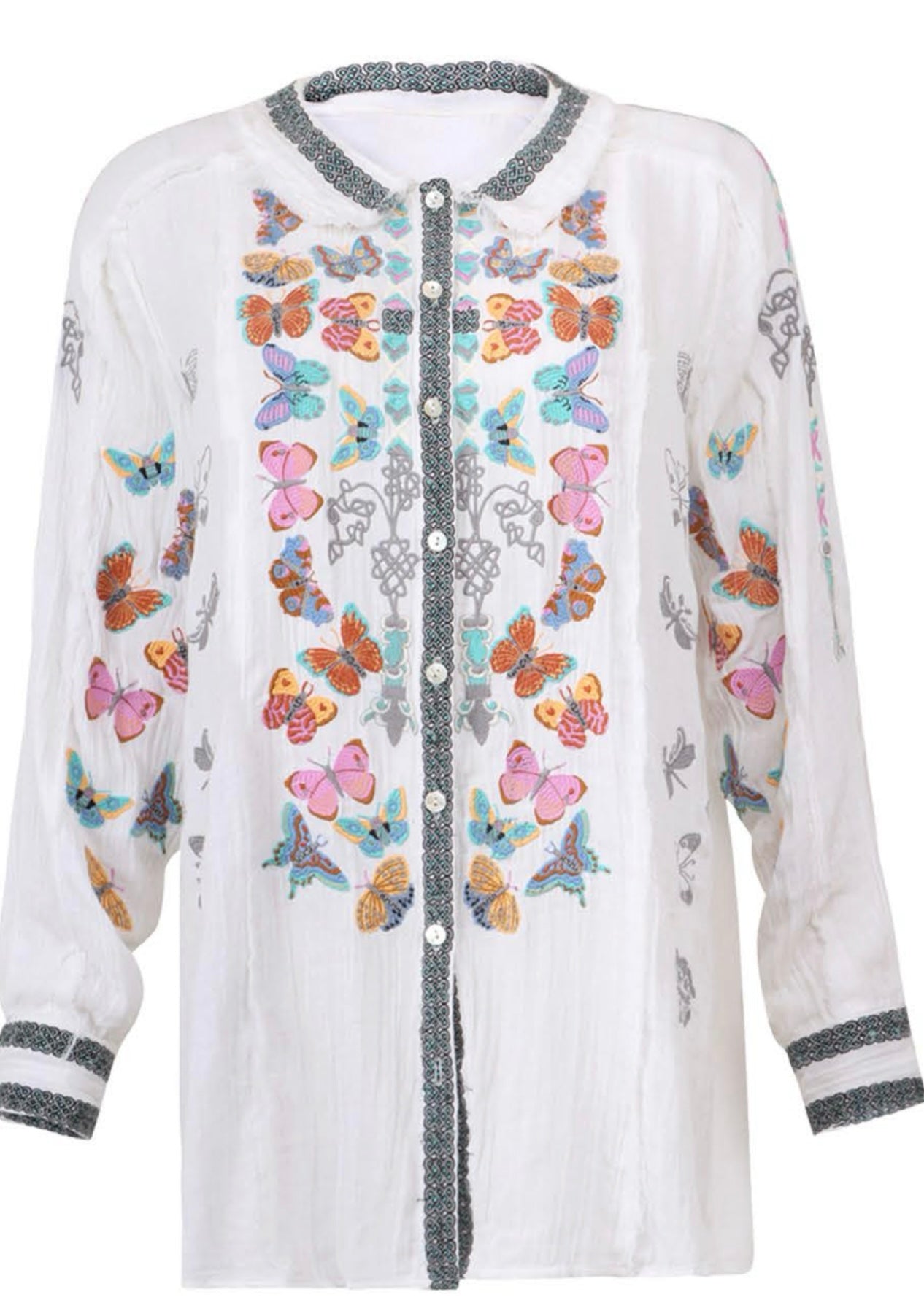 Butterflies Galore White Woven Button Front Shirt