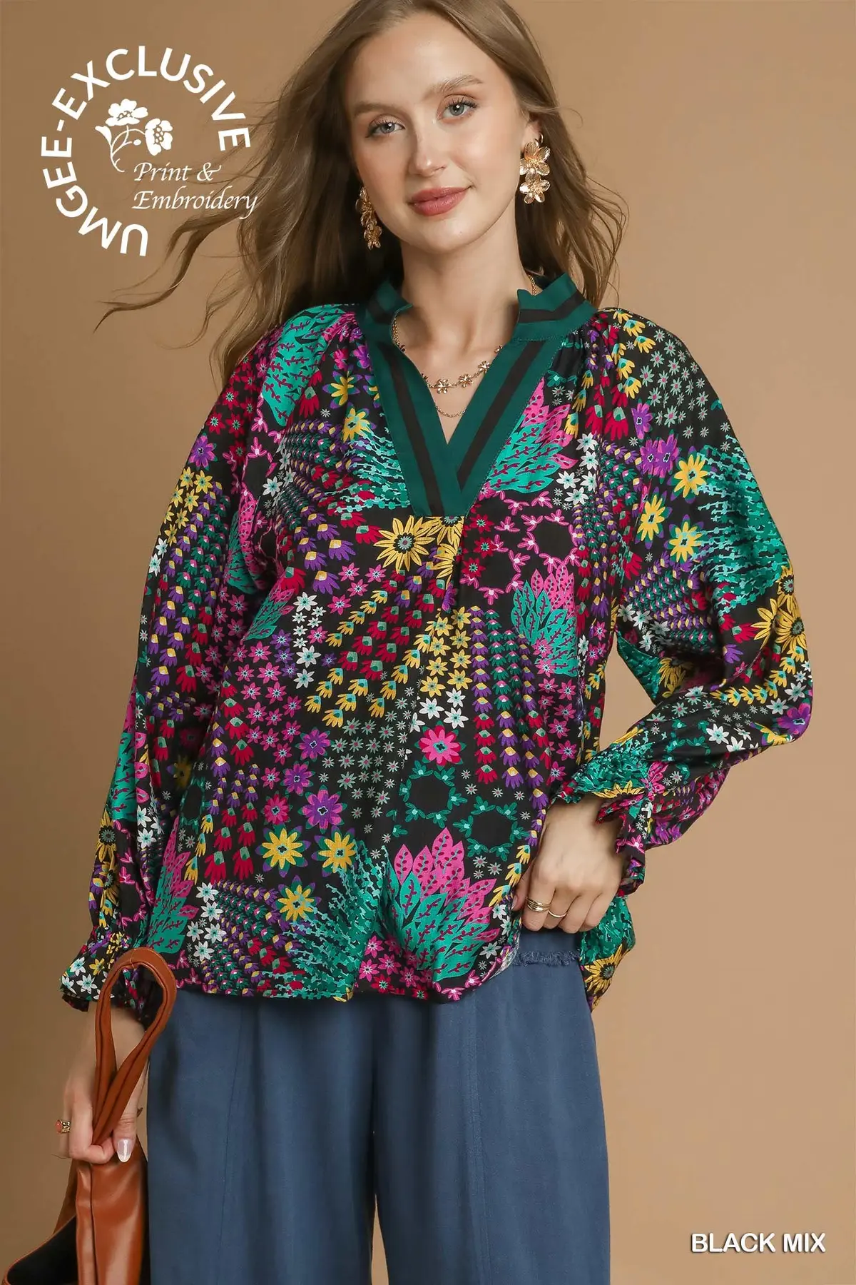 Black Mix Floral Print V-Neck Top