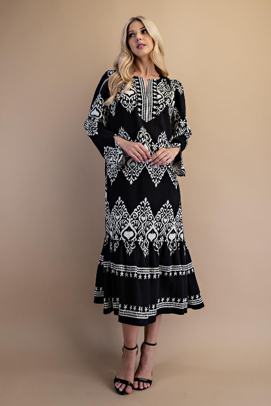 Black & White Long Sleeve Midi Dress
