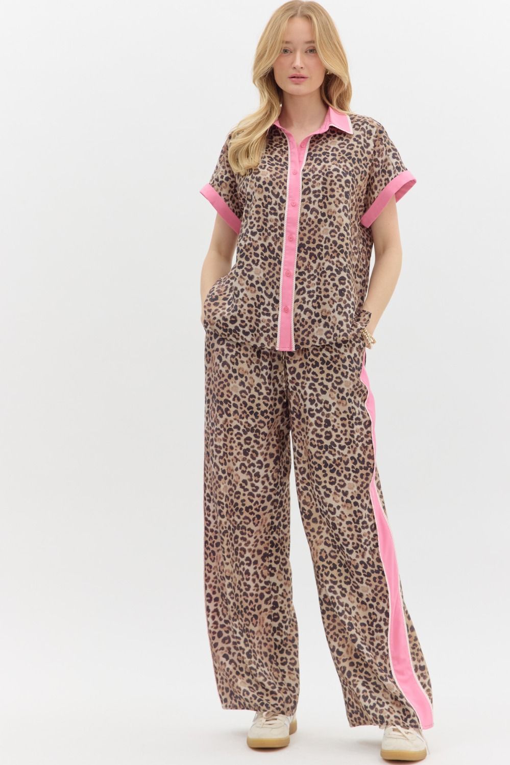 Leopard Top &  Pant Set w/ Pink Trim