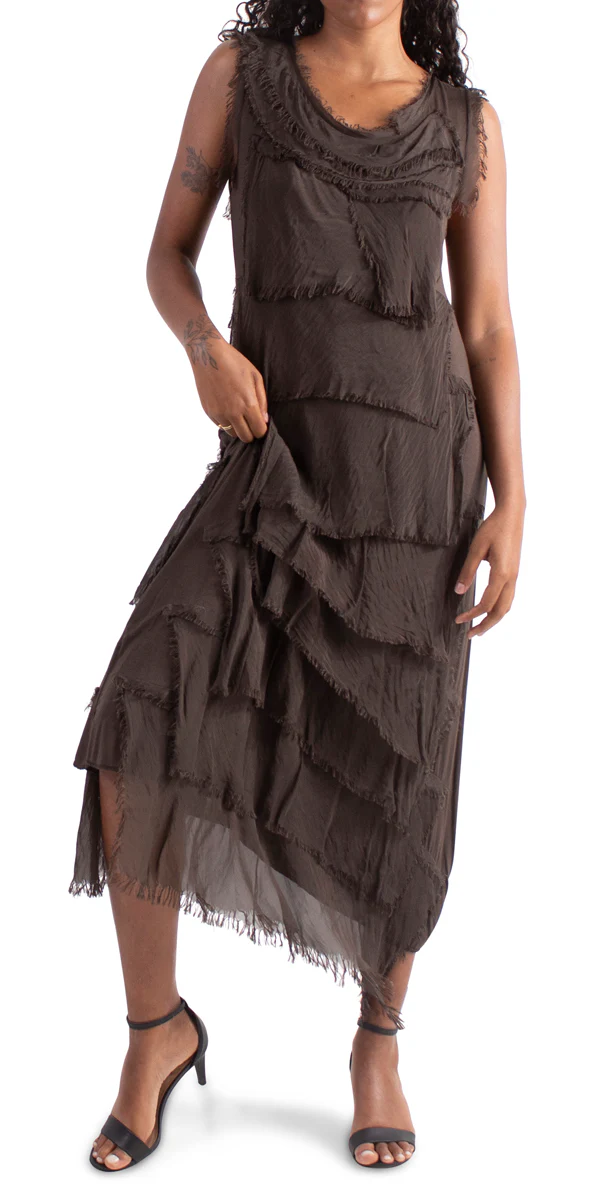 Washable Silk Sleeveless Ankle Length Ruffle Dress