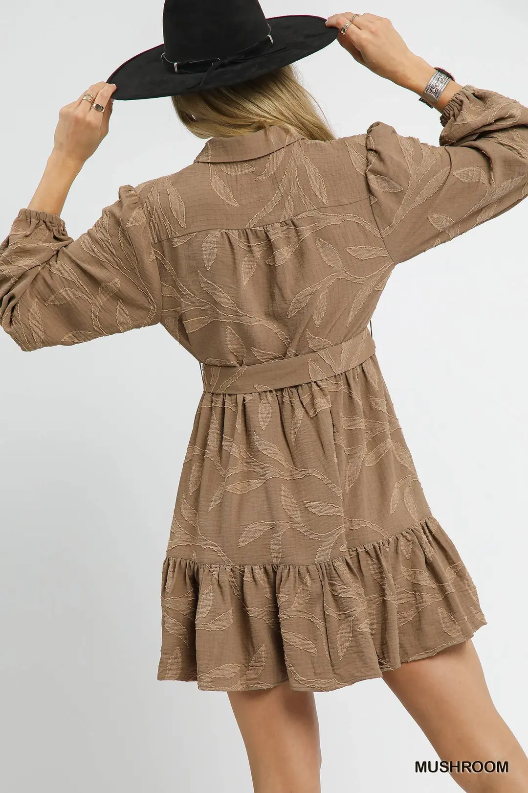 Taupe Jacquard Mini Dress w/ Tie Waist
