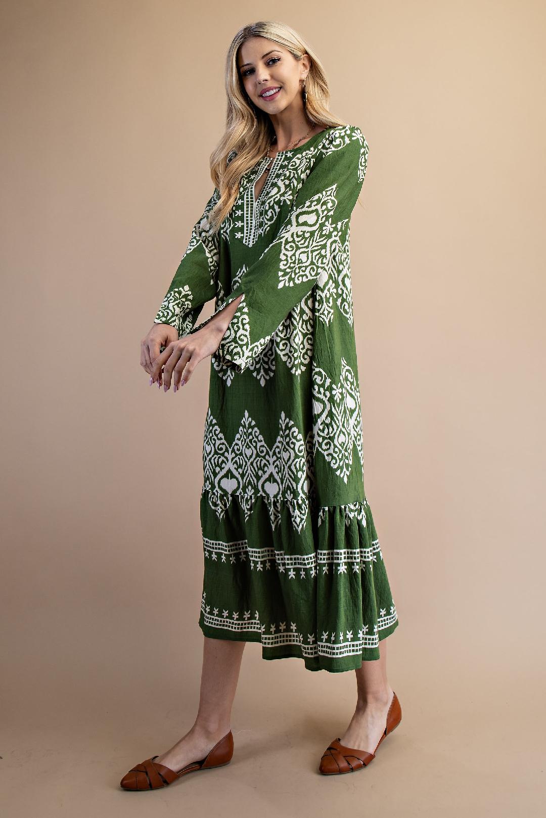 Olive Green & White  Long Sleeve Midi Dress