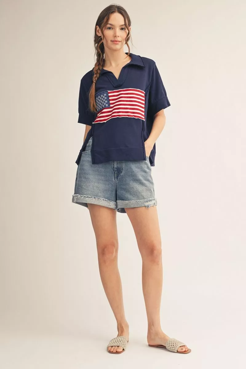 Navy Blue Americana Flag Patch Collared Top