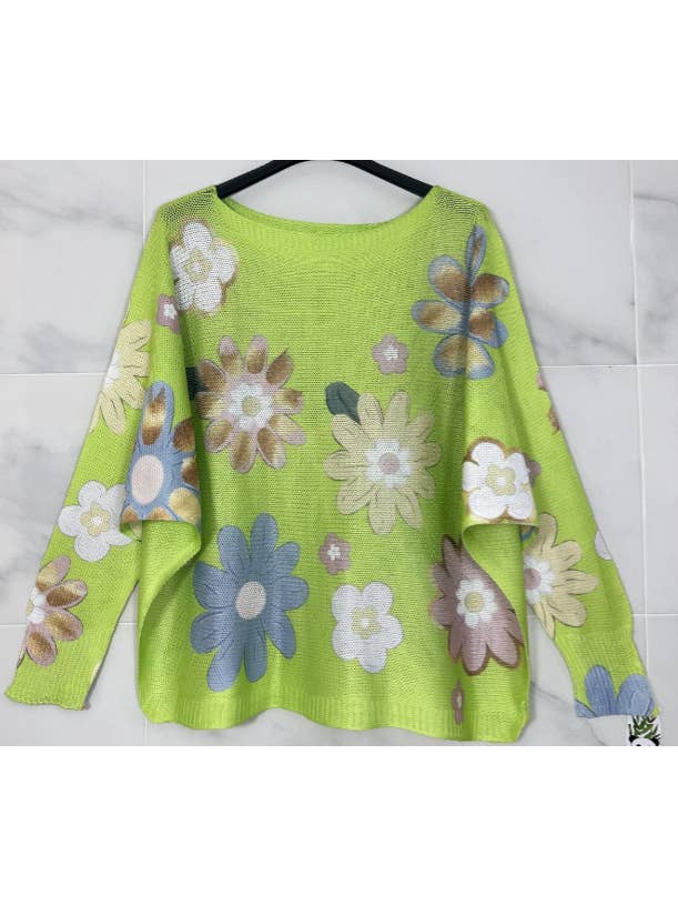 Lime Green Floral Daisy Knit Sweater