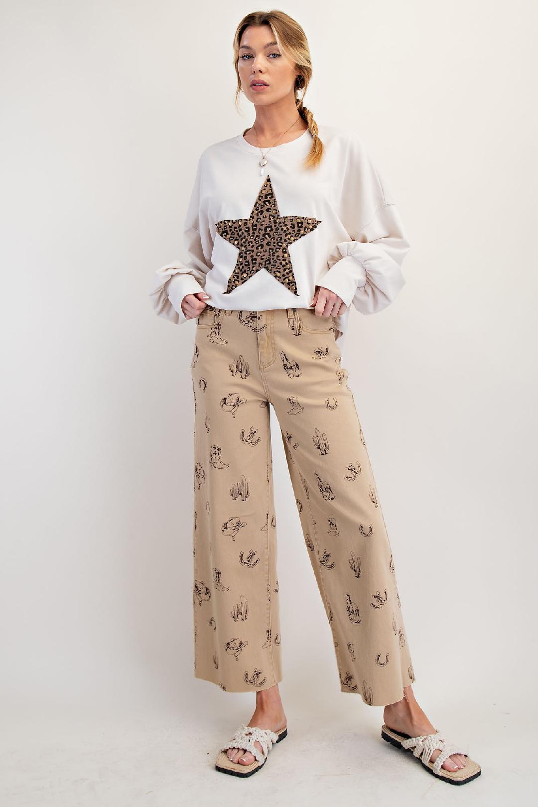 Khaki Western Printed Washed Twill Pants
