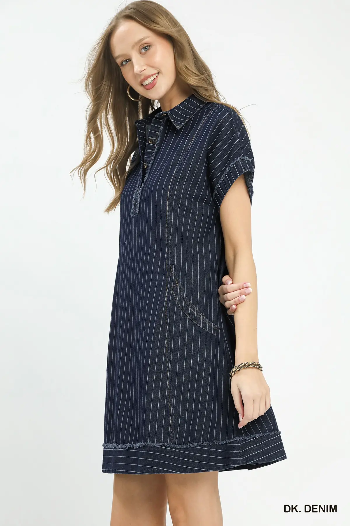 Dark Denim Pinstripe Polo Collar Mini Dress