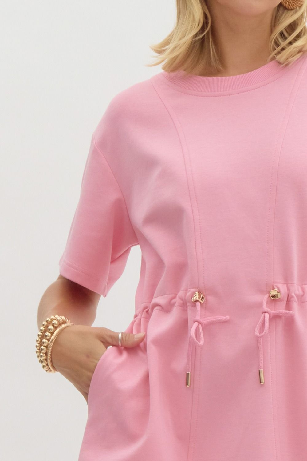 Pink Mini Knit Dress w/ Drawstring Waist