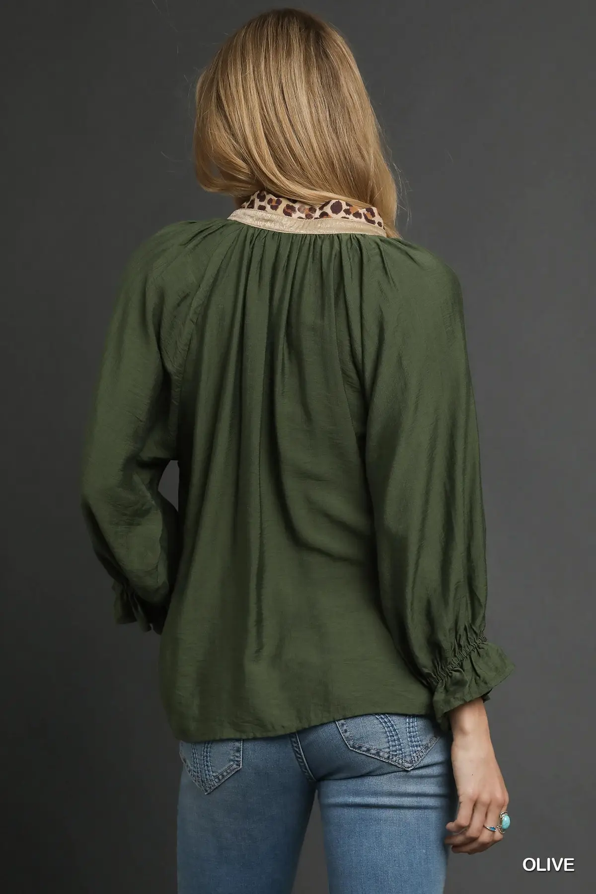Olive Green Button Front Top w/ Leopard Trim