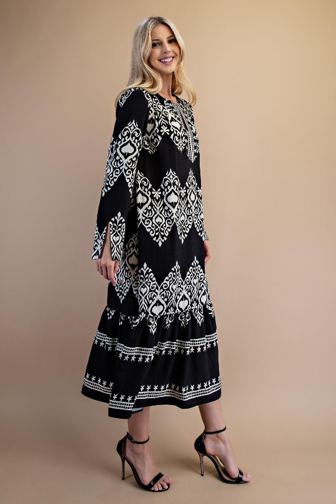 Black & White Long Sleeve Midi Dress