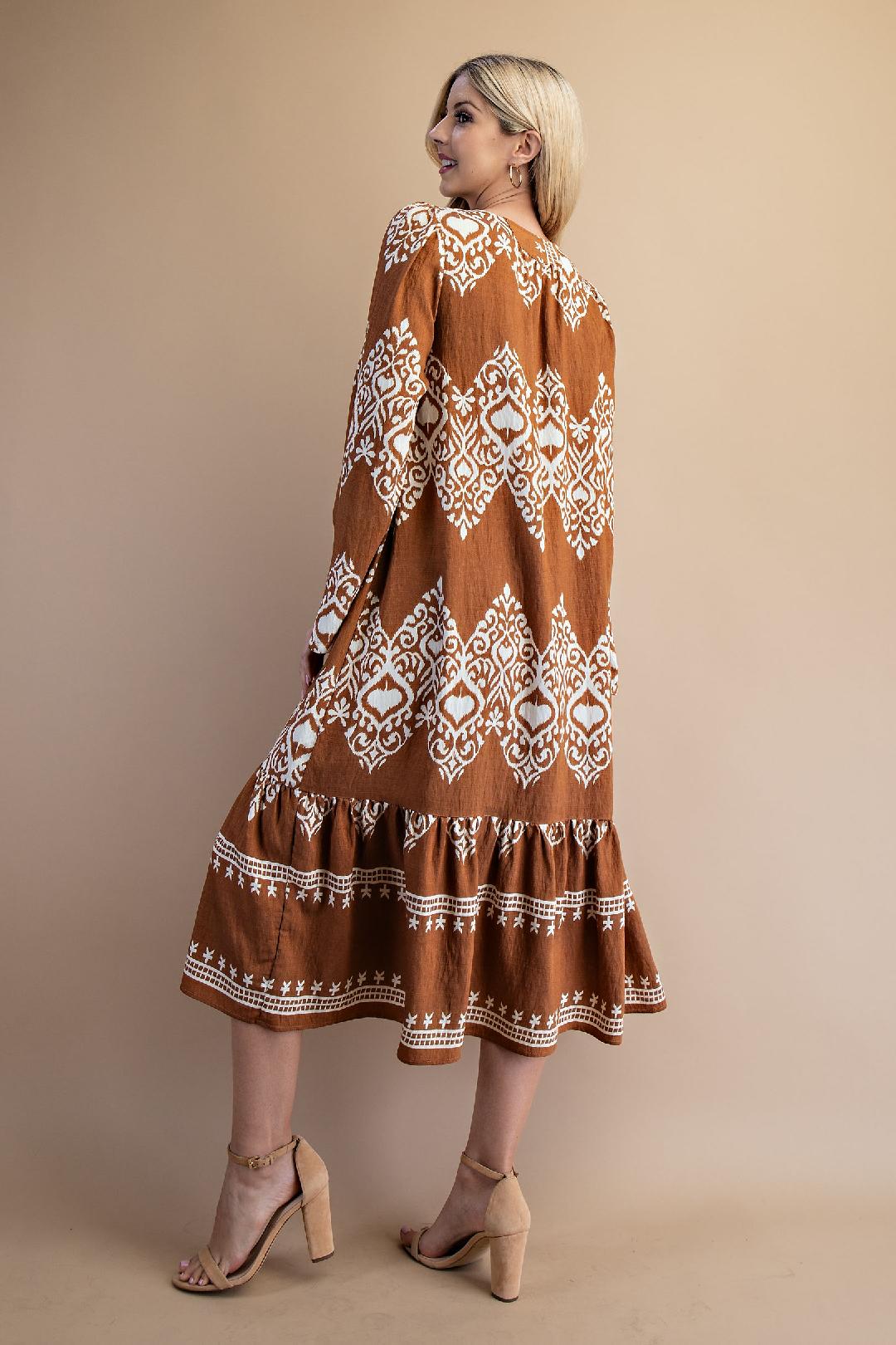 Camel Brown Long Sleeve Midi Dress