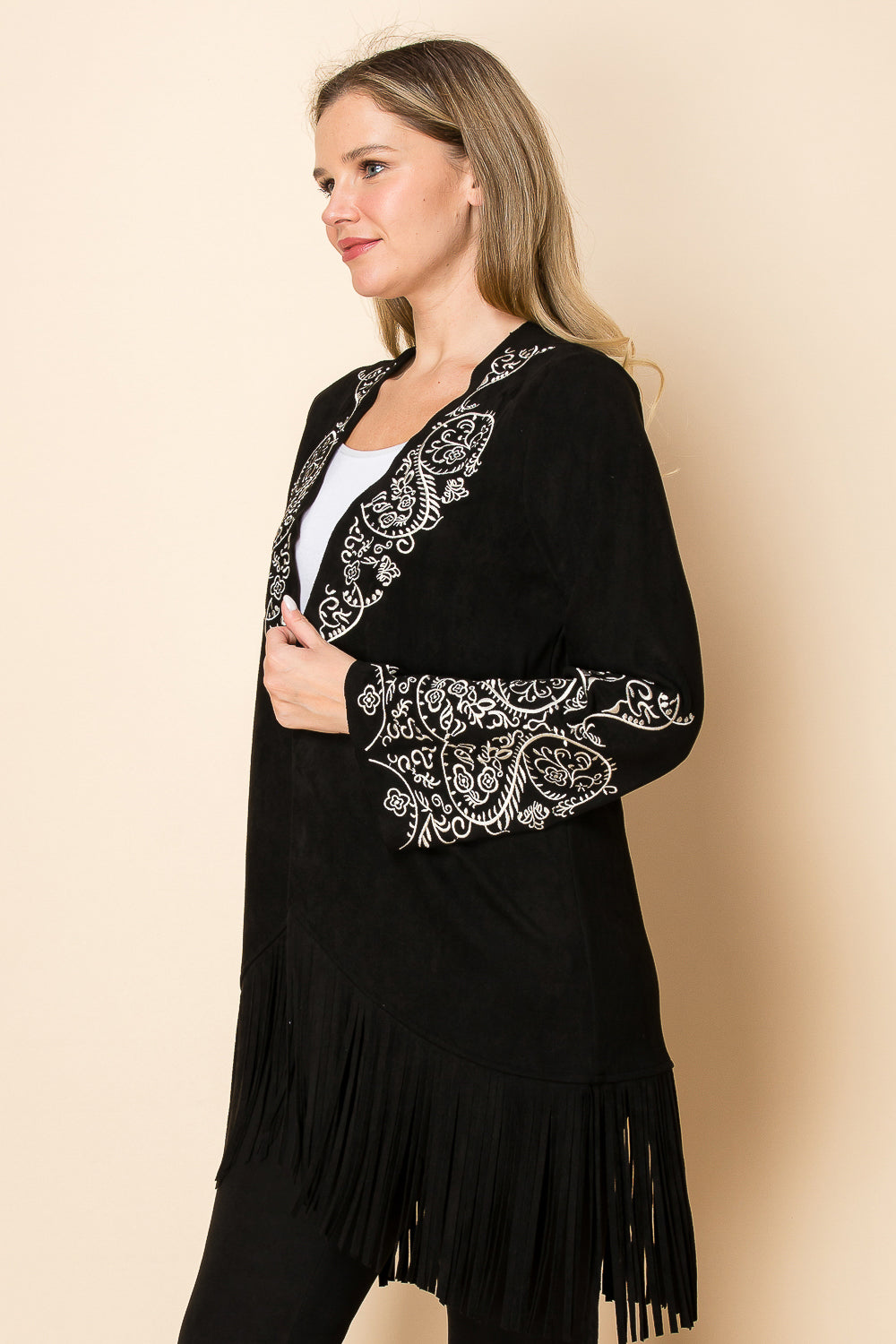 Black Ultra Suede Blazer Jacket w/ Fringe & Embroidery