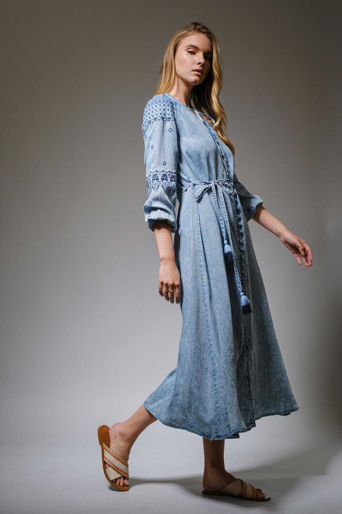 Washed Tencel Denim Embroidered Maxi Dress