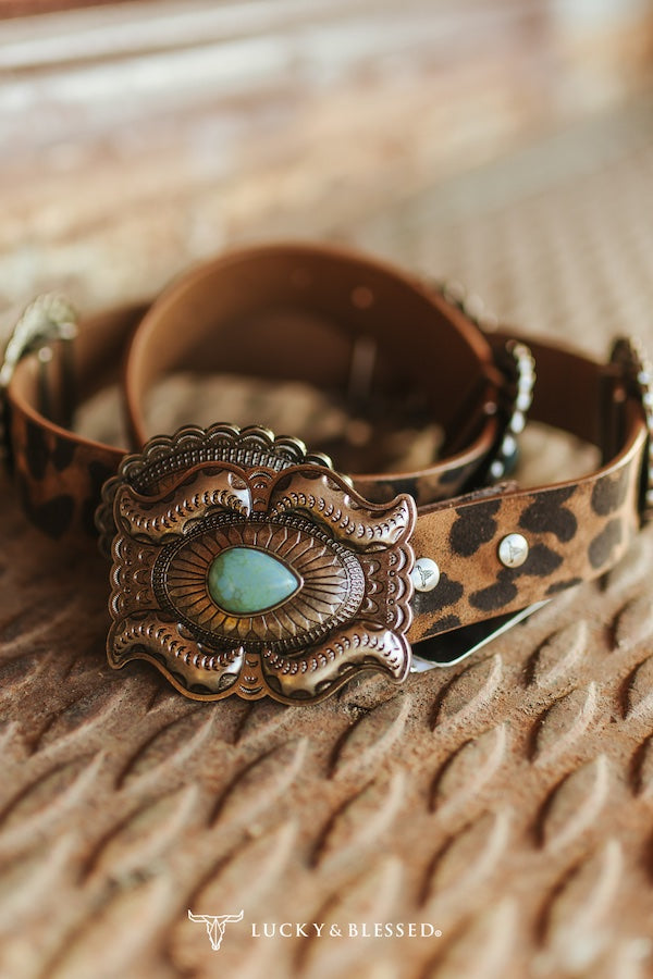 Leopard Print Leather & Turquoise Concho Belt