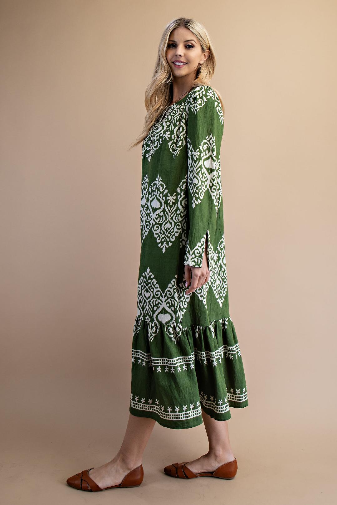 Olive Green & White  Long Sleeve Midi Dress