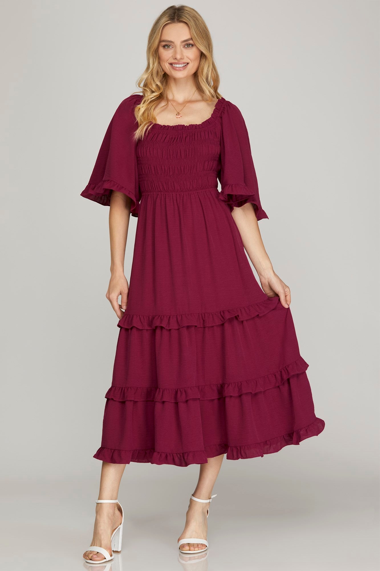 Maroon Smocked Tiered Midi Dress