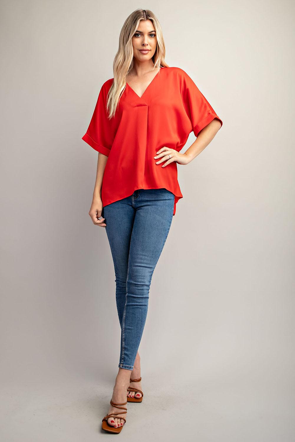 Red V-Neck Cuffed Dolman Sleeve Top