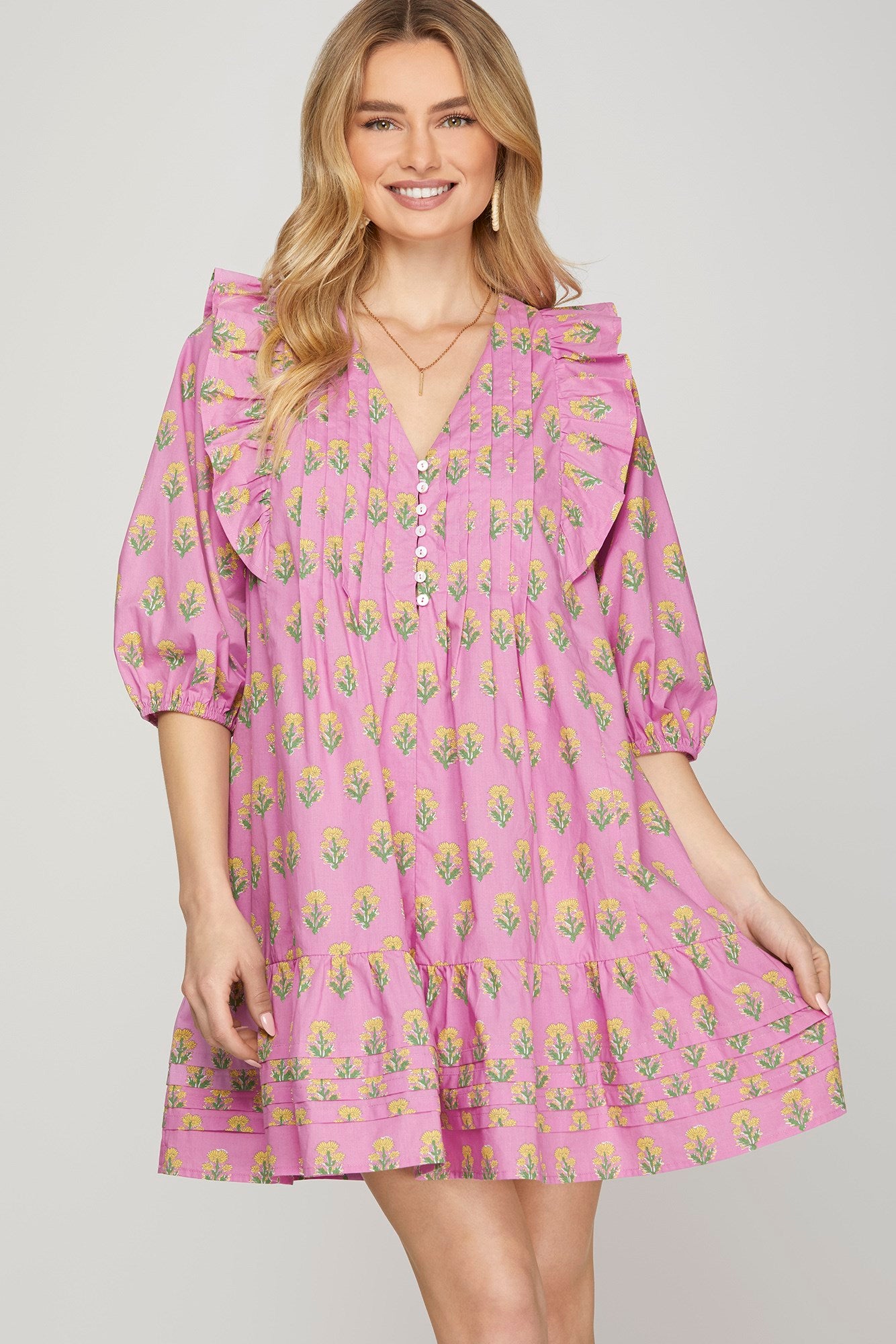 PInk & Yellow Daisy Pintuck Mini Dress