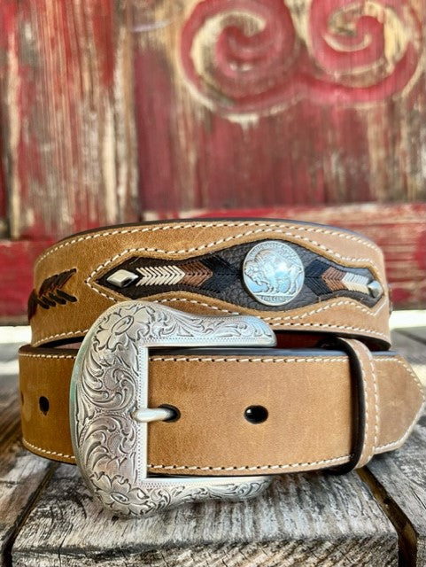 Men's Two Tone Brown Western Belt w/ Buffalo Concho