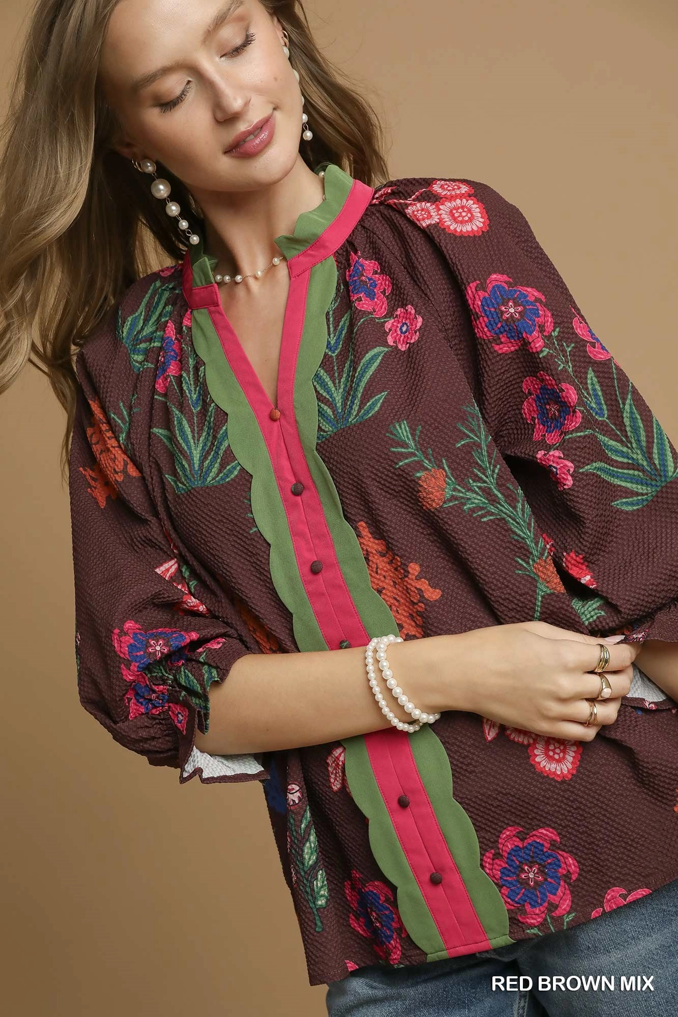 Red/Brown Mix Floral Textured Top