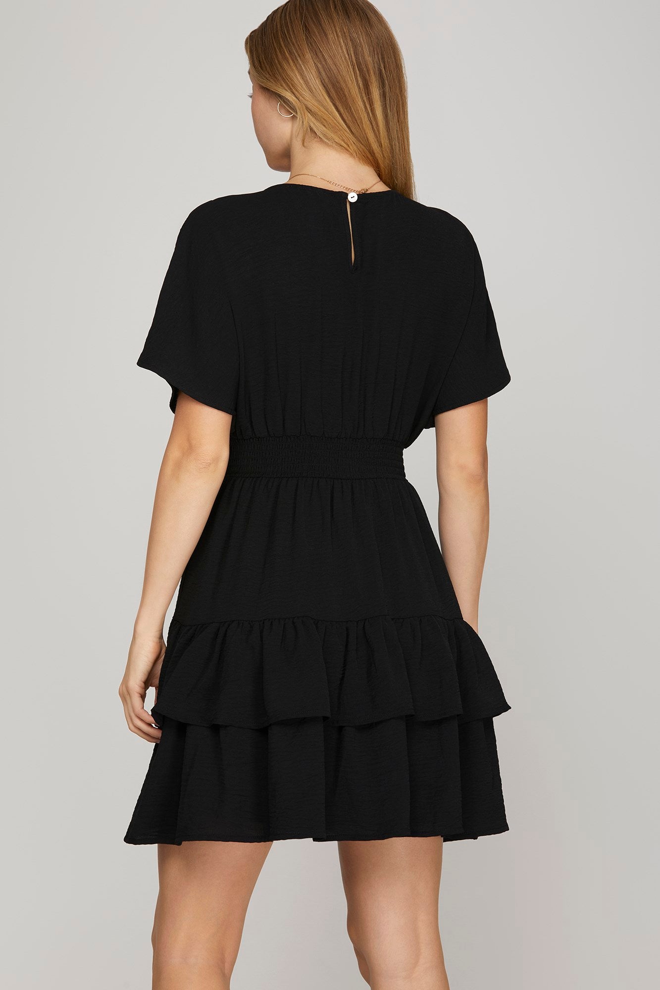 Black Smocked Tiered Mini Dress