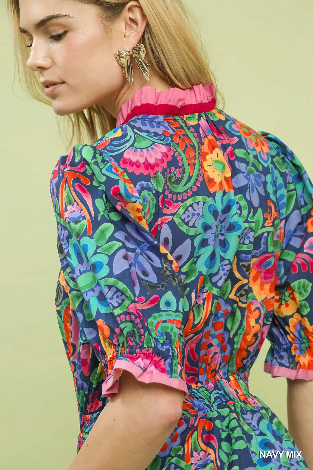 Navy Mix Floral Midi Dress with Ruffle Trim