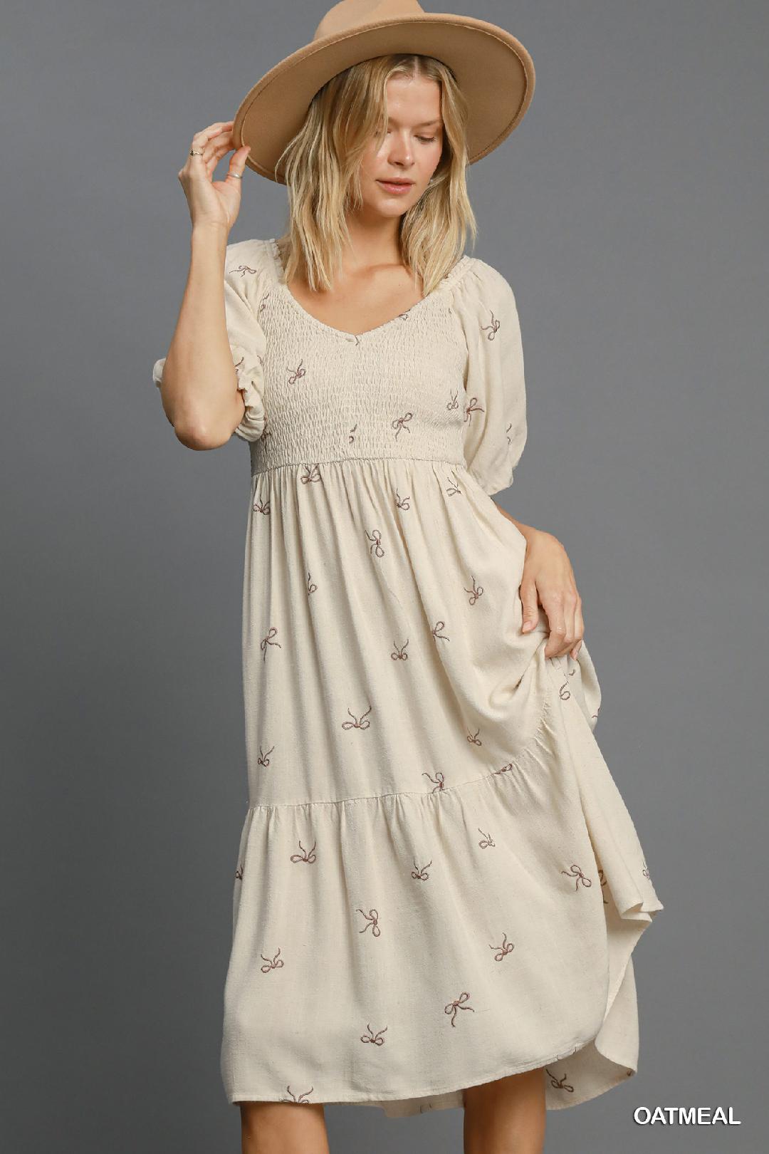 Oatmeal Linen Blend Tiered Ribbon Embroidered Dress