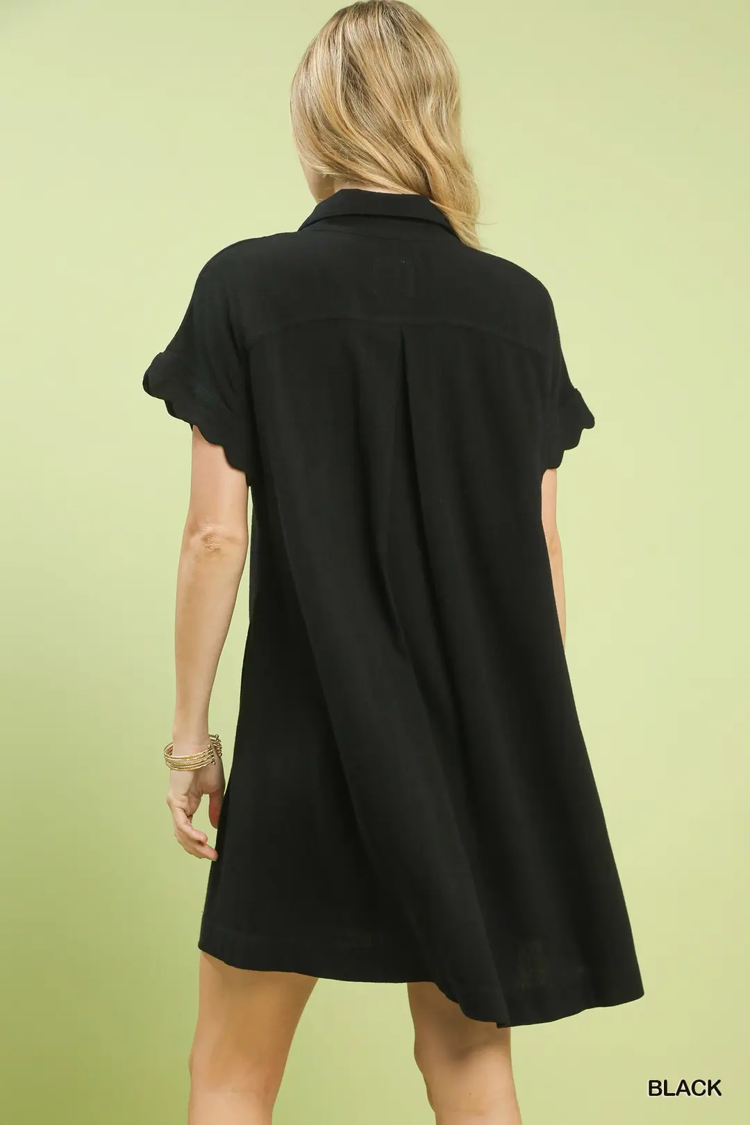 Black Linen/Cotton Blend Scalloped Mini Dress