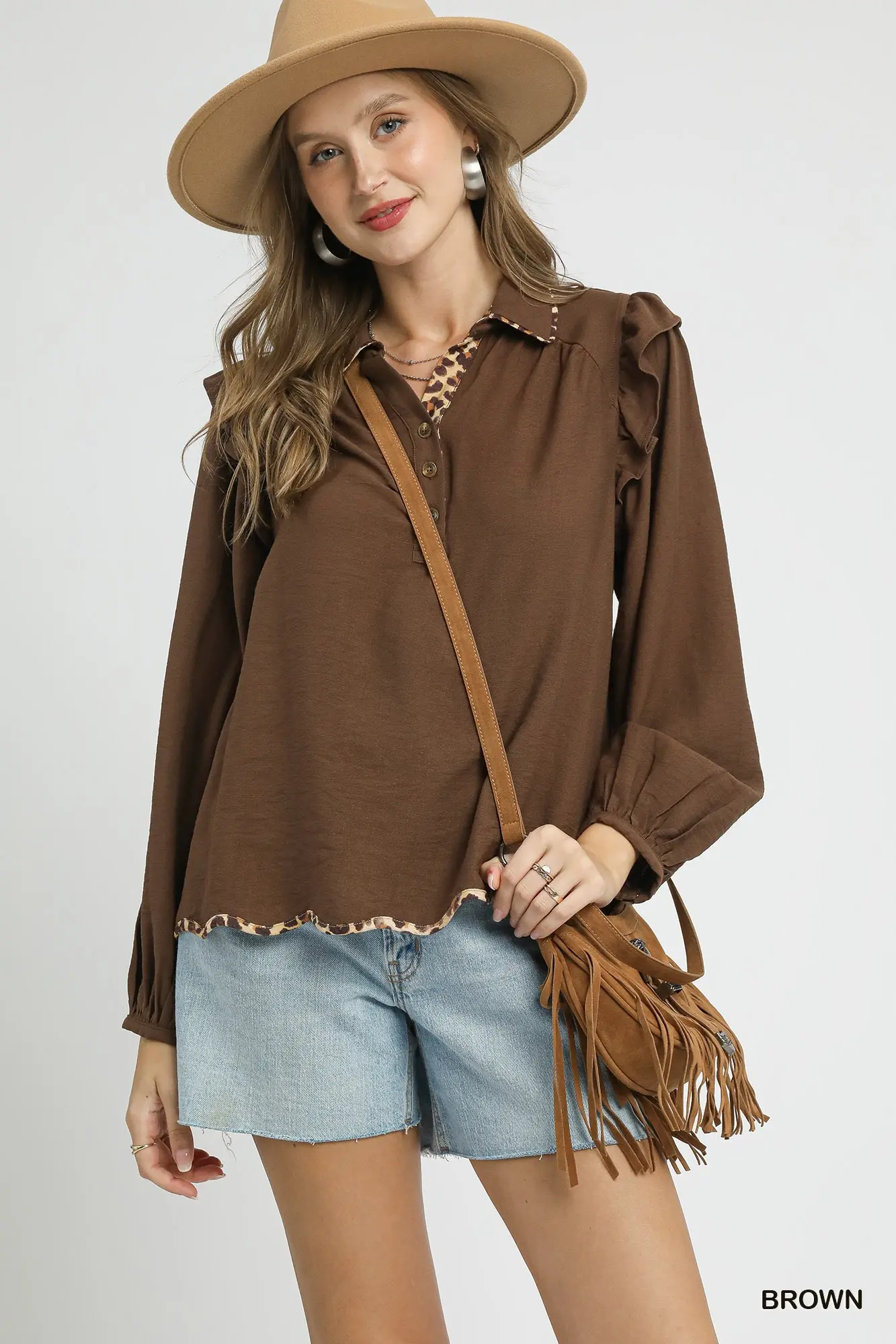 Chocolate Brown Long Sleeve Top w/ Leopard Trim