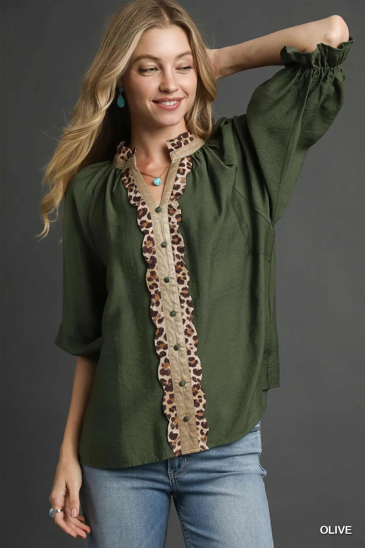 Olive Green Button Front Top w/ Leopard Trim