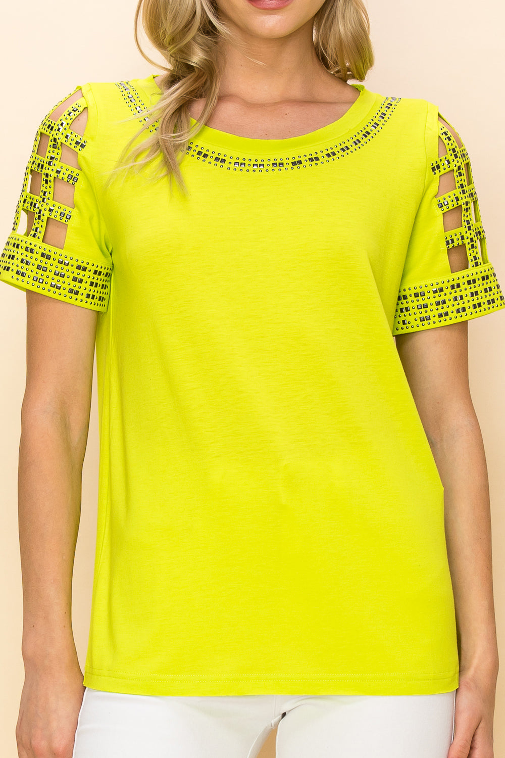 Lime Green Cutout Short Sleeve Top w/ Stud Details