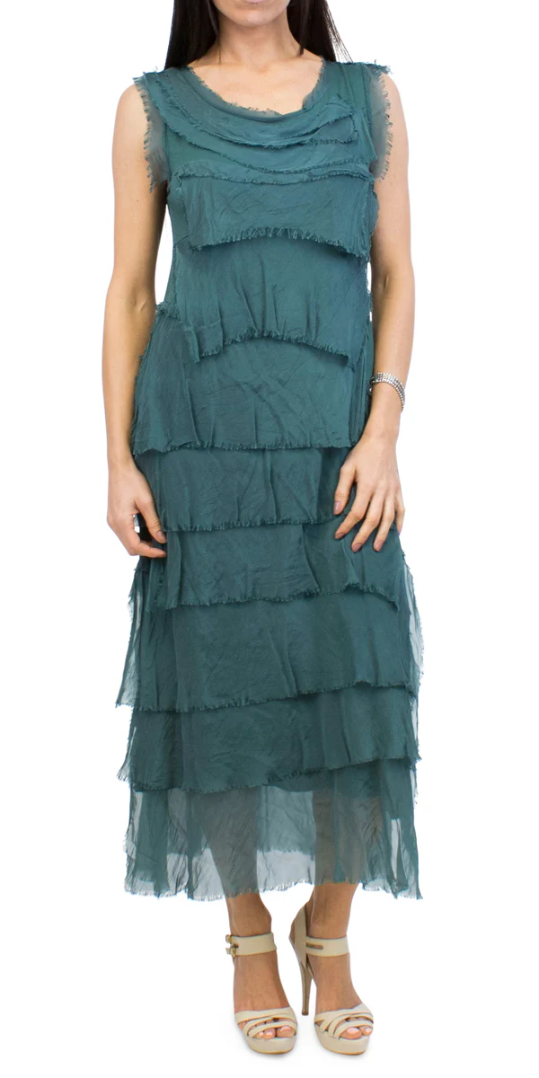 Washable Silk Sleeveless Ankle Length Ruffle Dress