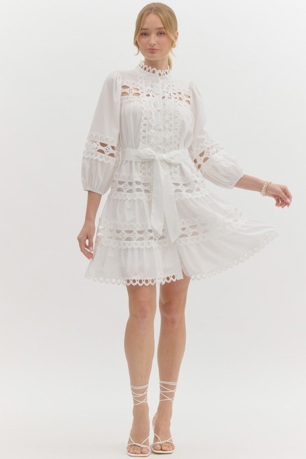 White Lace Trim Pearl Button Mini Dress