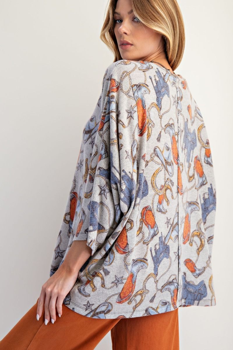 Western Print Dolman Sleeve Cozy Top/Grey