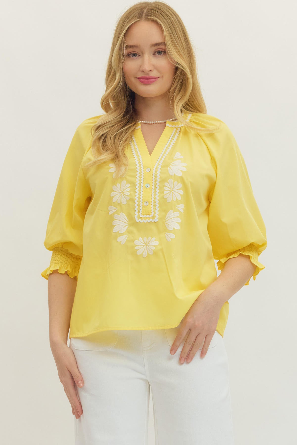 Lemon Yellow Top w/ Embroidered Details