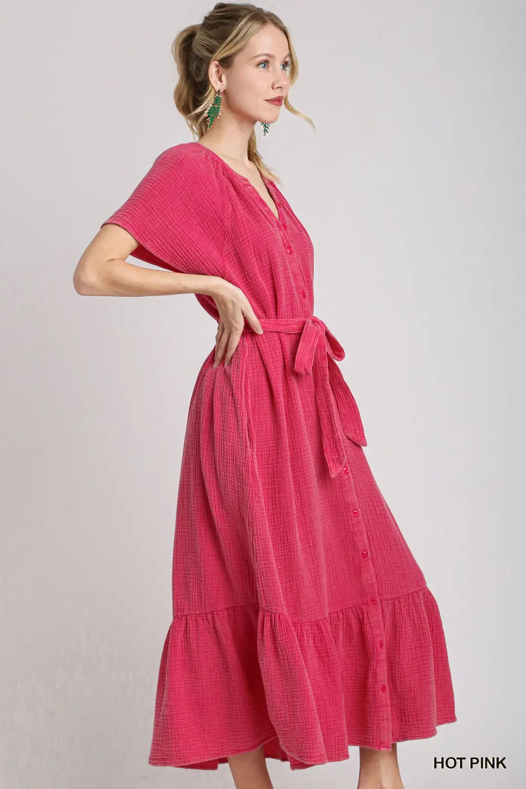 Hot Pink Cotton Gauze Button Down Midi Dress