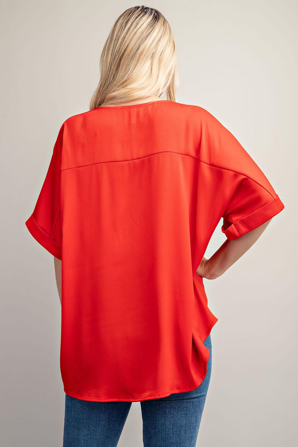 Red V-Neck Cuffed Dolman Sleeve Top