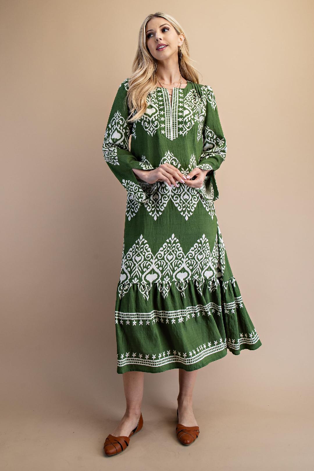 Olive Green & White  Long Sleeve Midi Dress