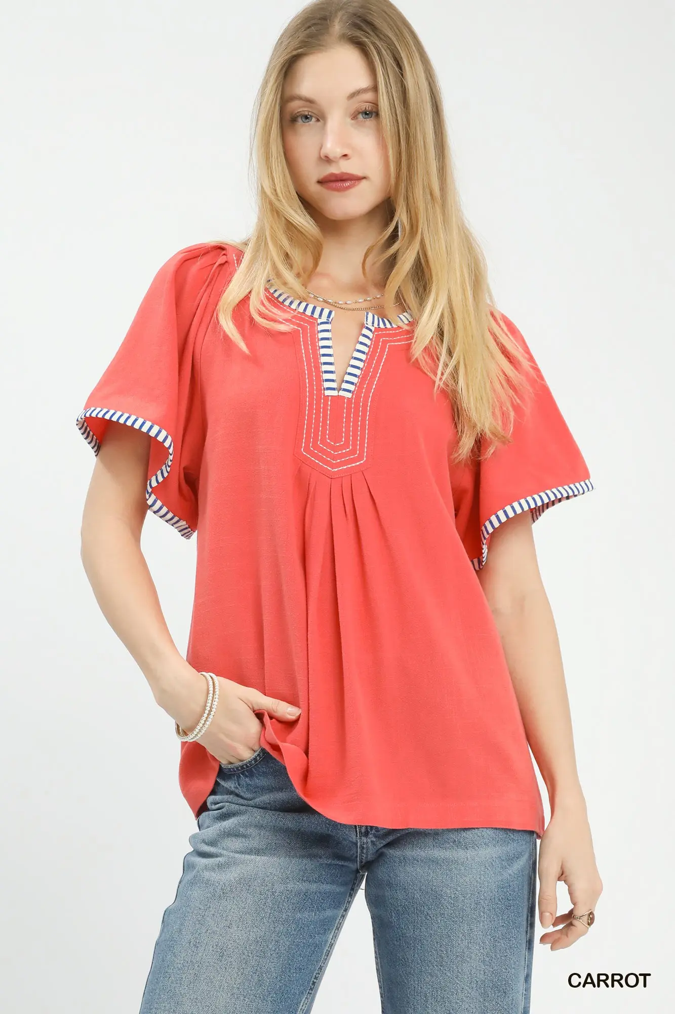 Dark Coral Linen/Cotton Blend Flutter Sleeve Top
