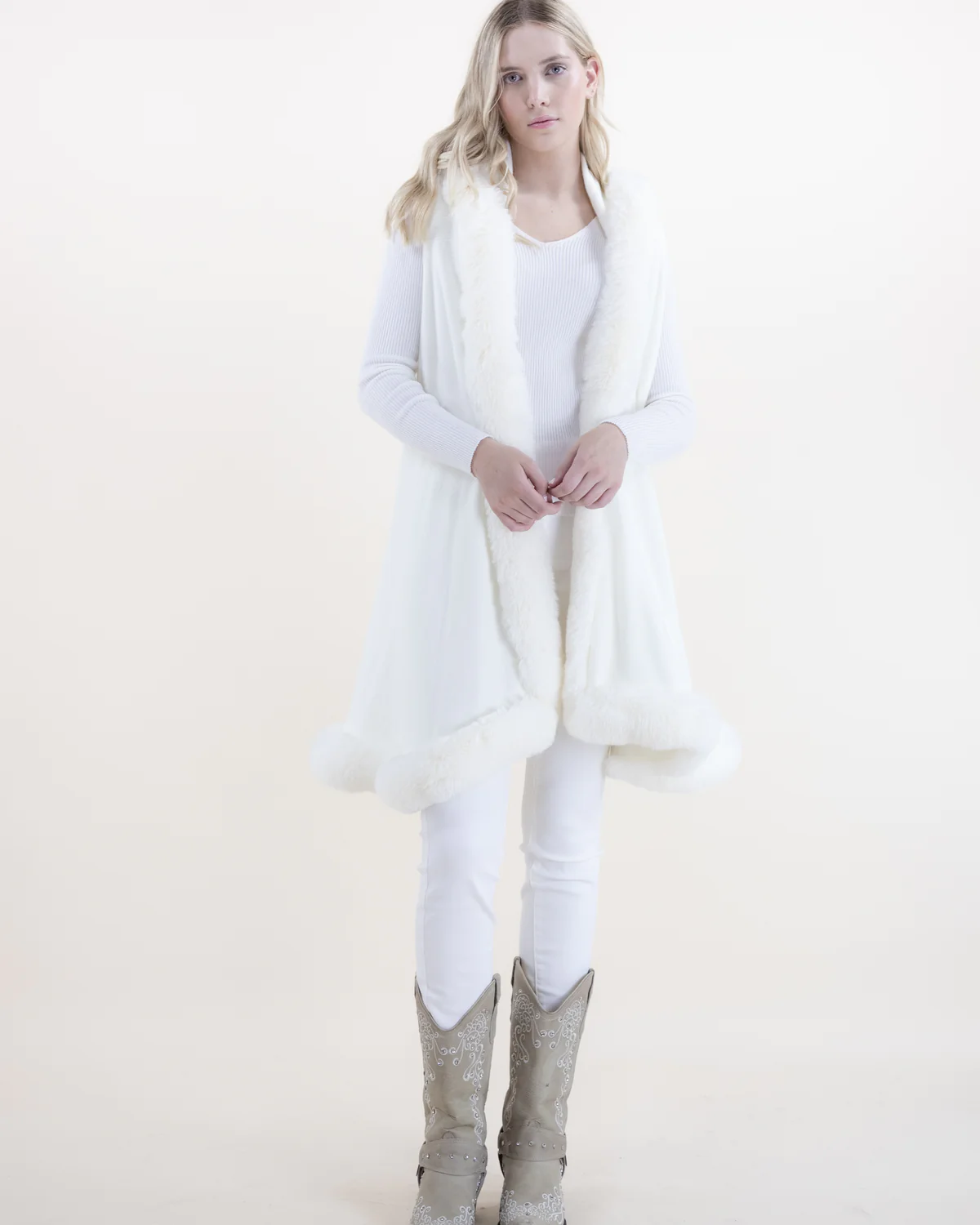 Winter White Faux Fur Trimmed Sleeveless Vest w/ Hoodie
