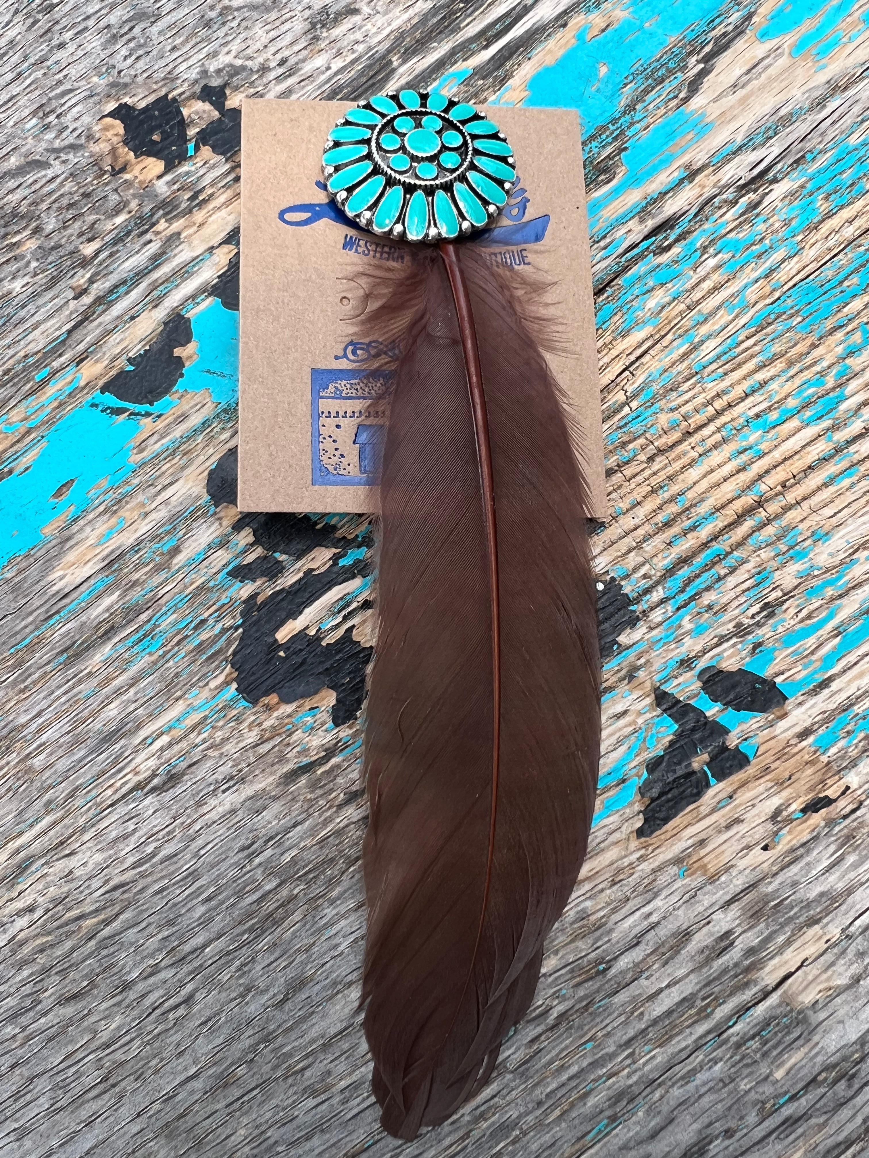 Concho & Turquoise Brown  Feather Hat Pin