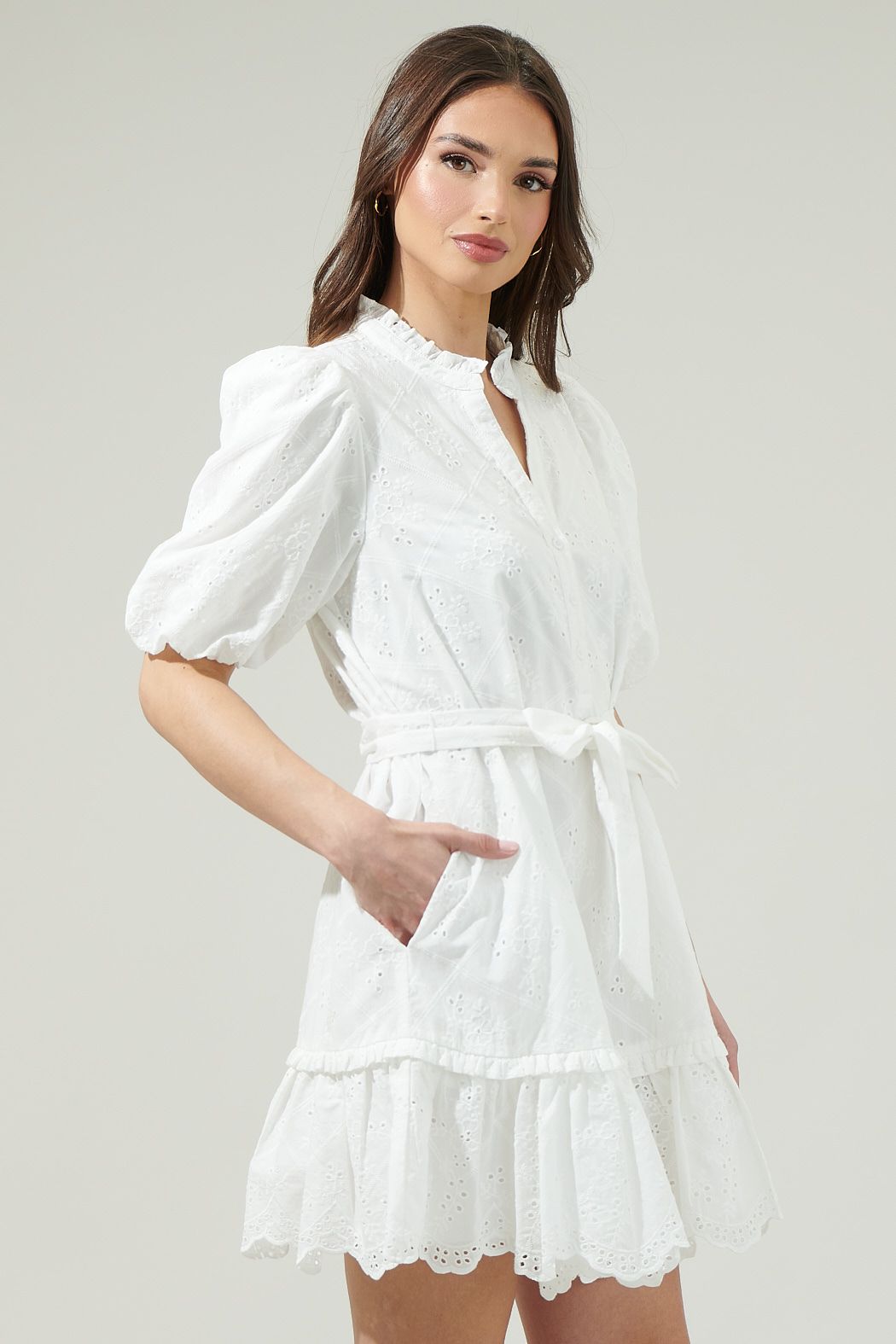 White Eyelet Puff Sleeve Mini Dress