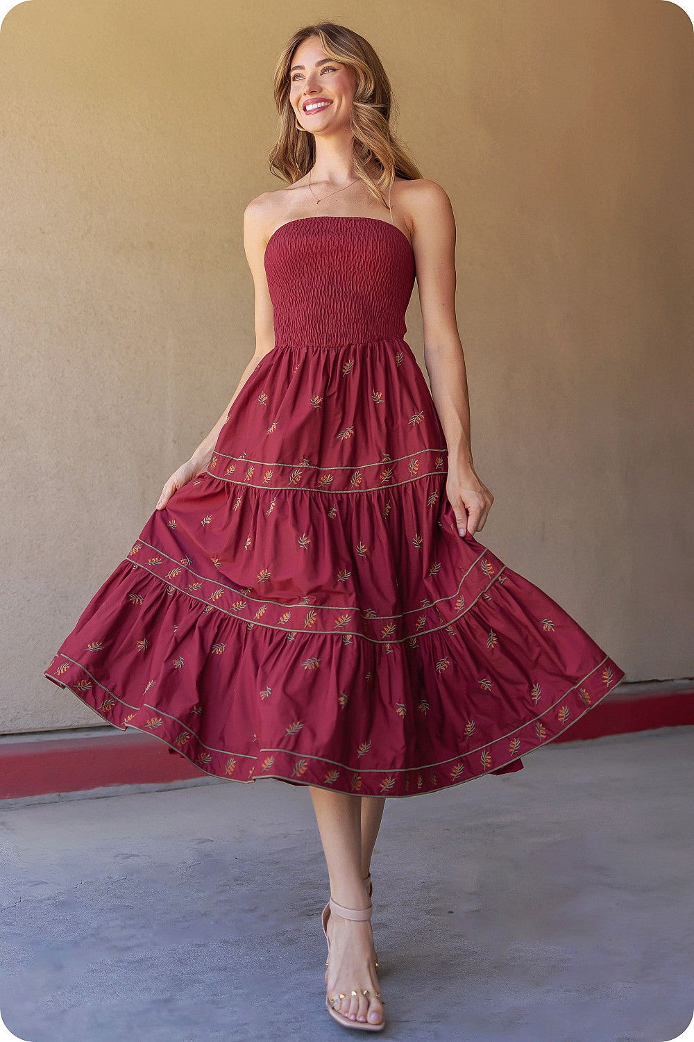 Brick Multi Floral Embroidered Tube Mide Dress