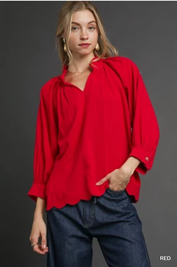Red Linen  Blend Scallop Hem Blouse